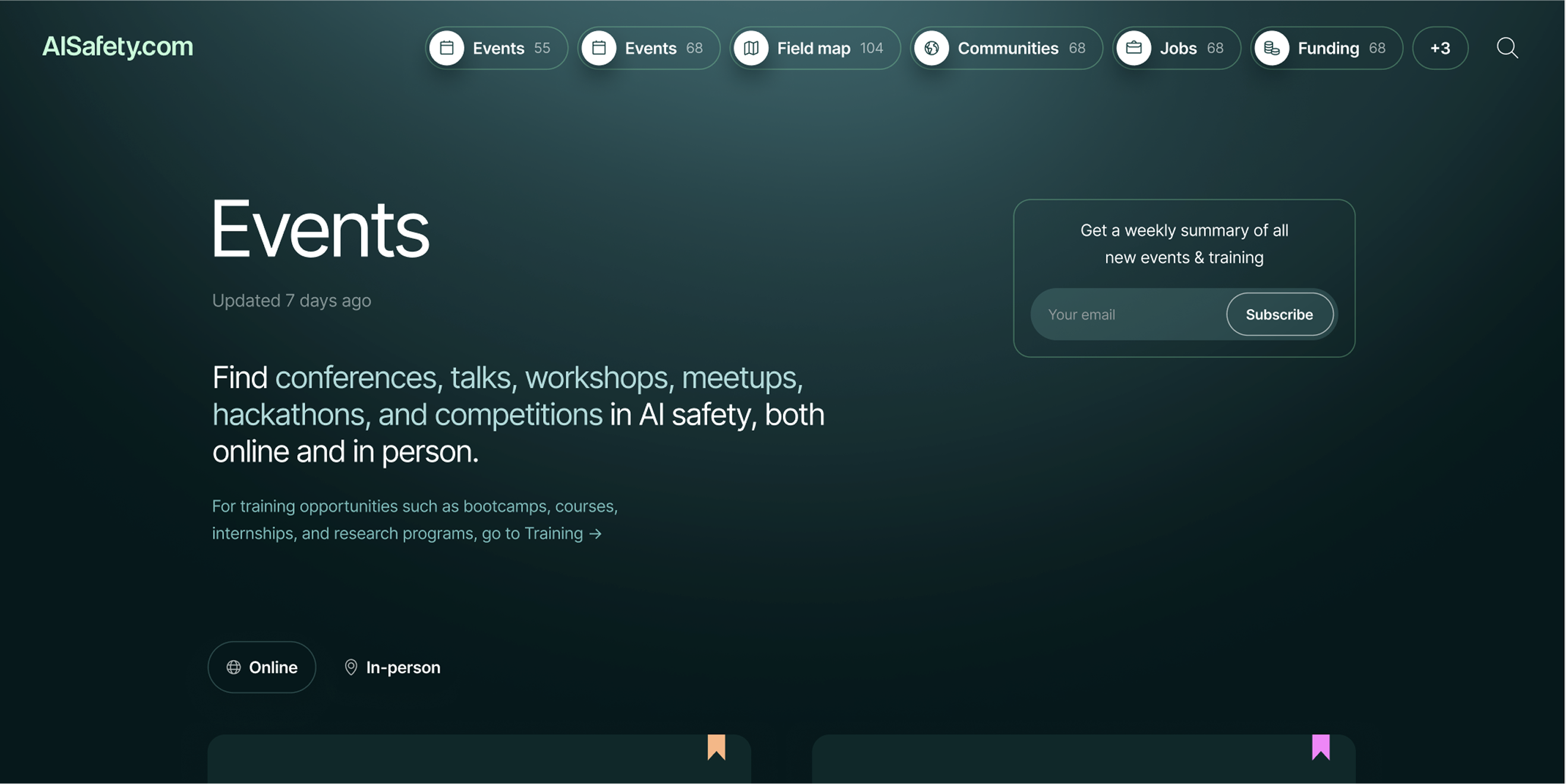 Screenshot of the redesigned AISafety.com events and training page